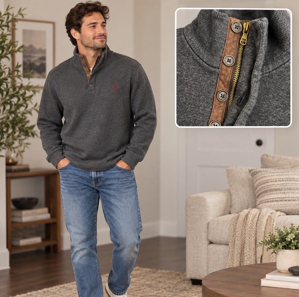Polo Ralph Lauren Men L Charcoal Hidden Quarter Zip Button Placket Suede Trim